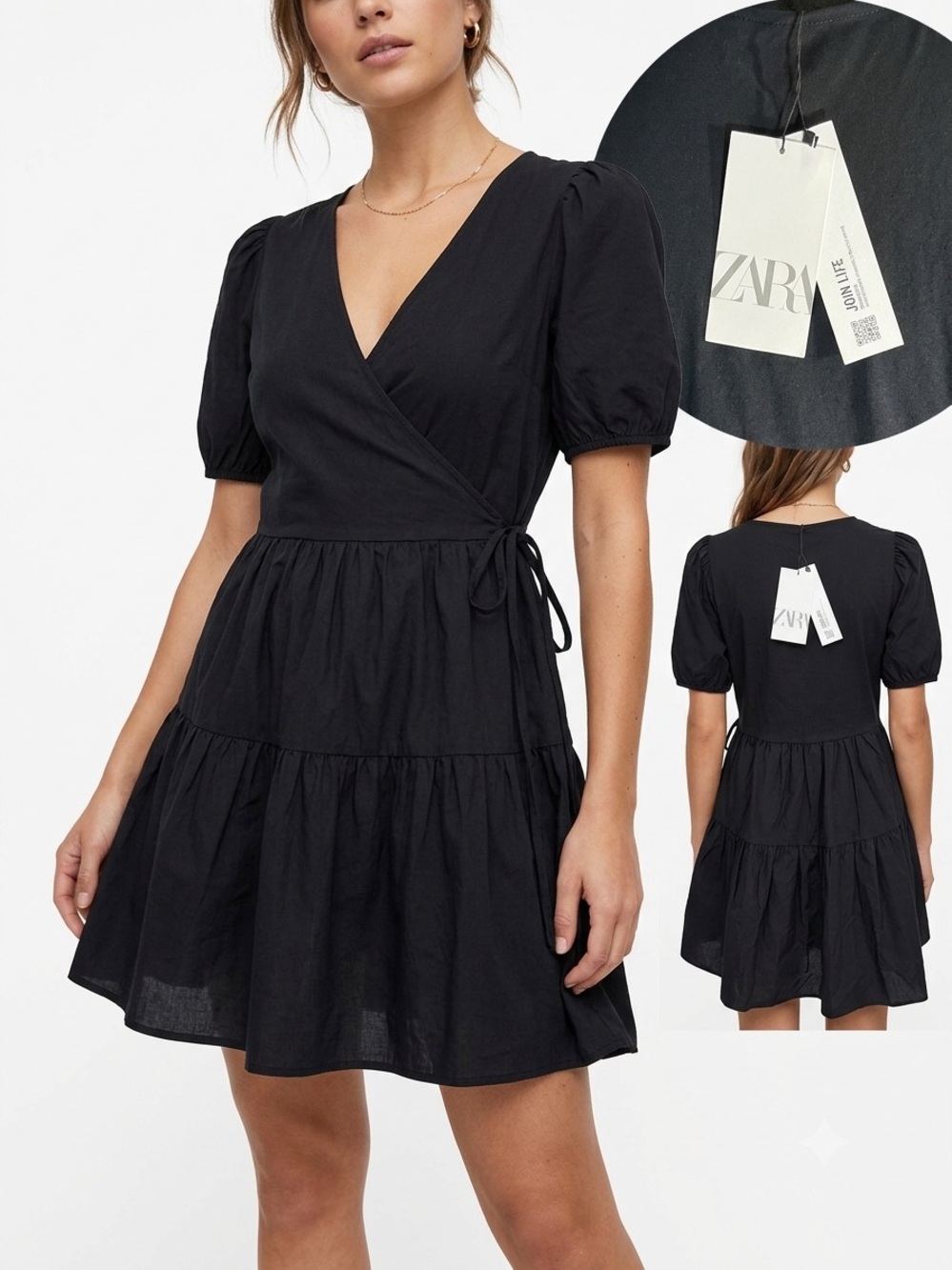 Zara Black Wrap Puff-Sleeve Tiered Mini Dress